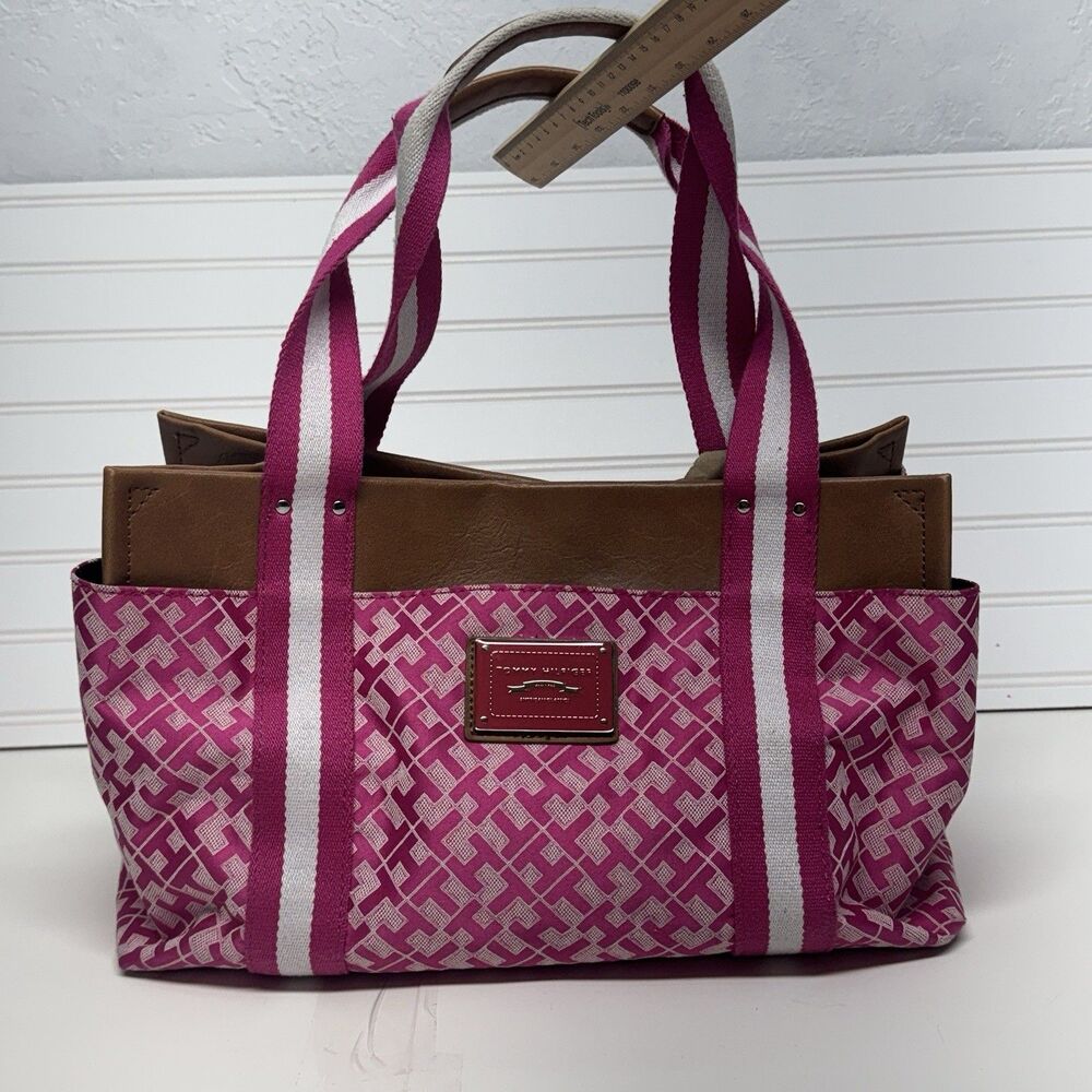 Tommy Hilfiger Purse Pink  Satchel Vacation Tote Brown Faux Leather READ